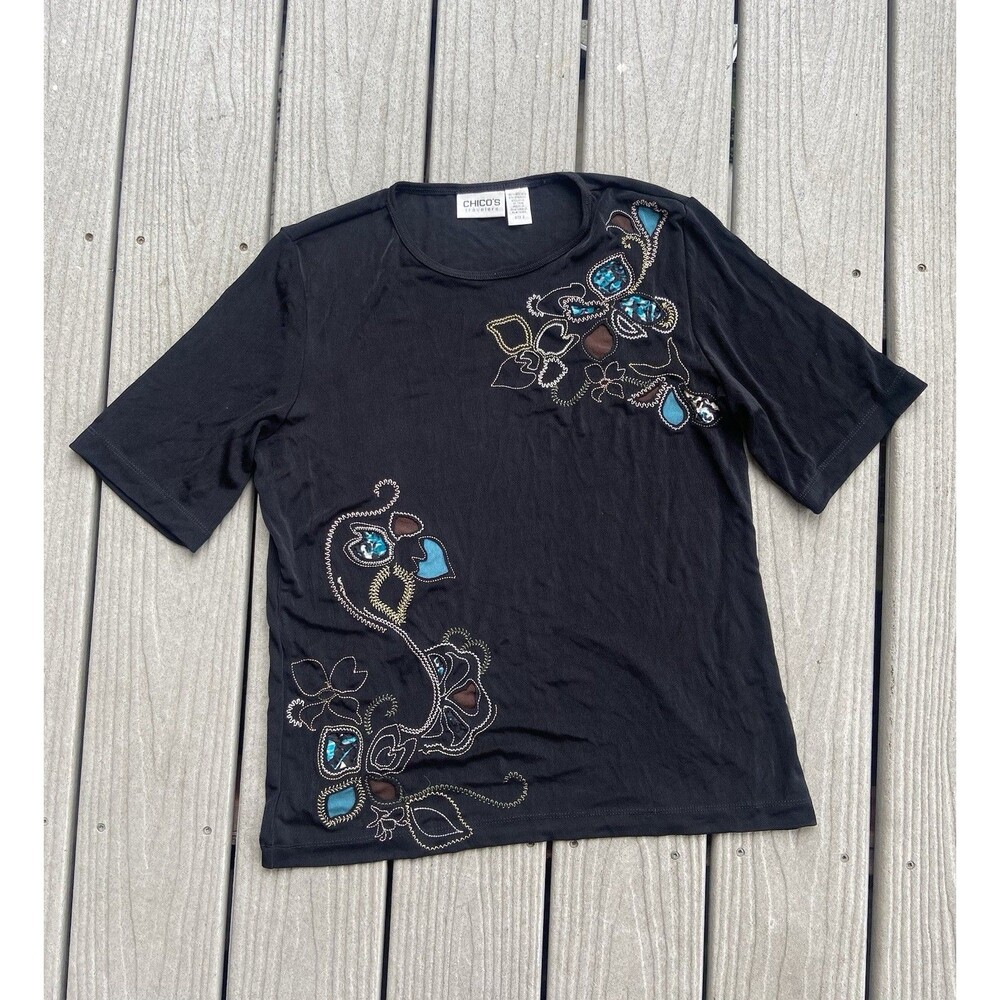 Chico’s Travelers Size 2 L Black Embroidered Applique Top Floral Stretch Boho